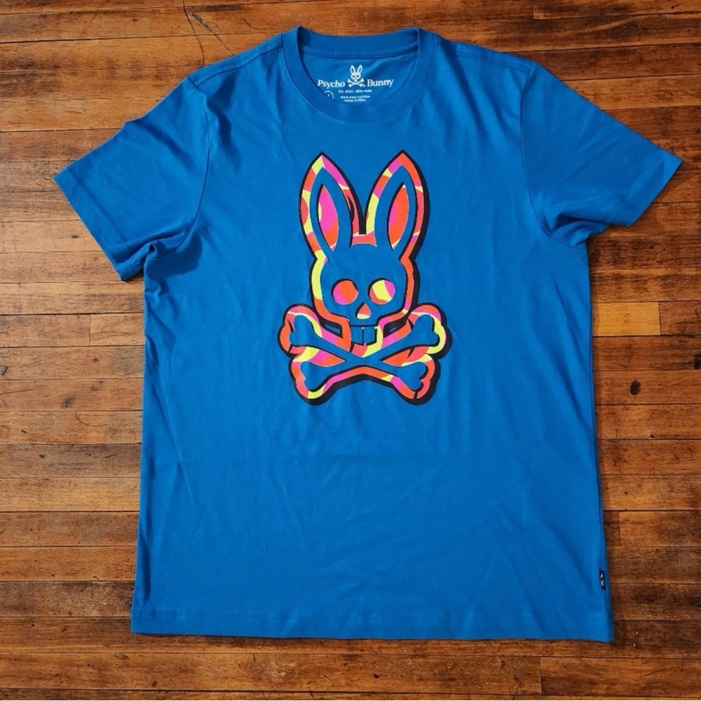 Psycho Bunny Vibrant Blue Tee with Colorful Bunny Graphic